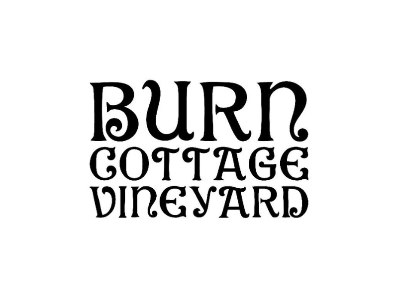 The image displays the words BURN COTTAGE VINEYARD in a bold, decorative, and stylized black font on a plain white background.