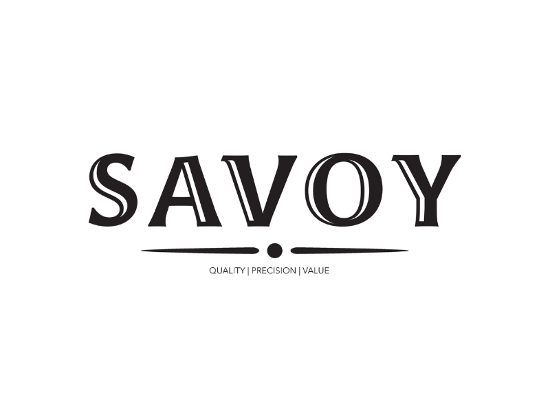 White rectangular logo with the word SAVOY in bold, stylized black letters. Below are the words QUALITY | PRECISION | VALUE in smaller text, separated by vertical lines. Black background surrounds the rectangle.