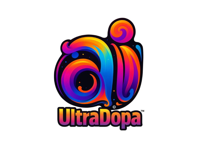 A vibrant, swirling logo with neon colors forming an abstract design above the bold, orange-yellow text UltraDopa on a white background.