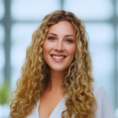 A woman with long, curly blonde hair and blue eyes smiles warmly at the camera. She is wearing a white blouse and standing in front of a softly blurred, bright background.