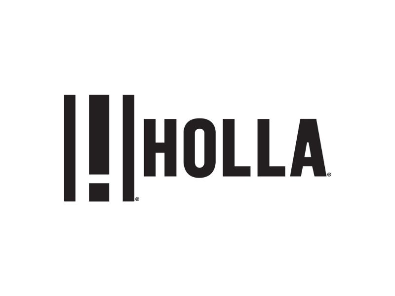 Holla The image shows the word HOLLA in bold, black, uppercase letters on a white background. To the left, three vertical black bars and a shorter block form an abstract exclamation mark design.